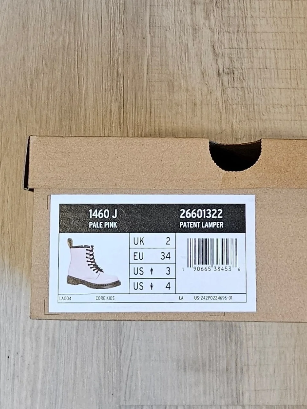 Dr. Martens 1460 J Kids Pale Pink Patent Boots UK 2 US 3-4 with Box